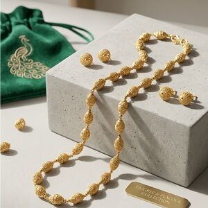 Gold Filigree Bead Necklace 32” 925 silver